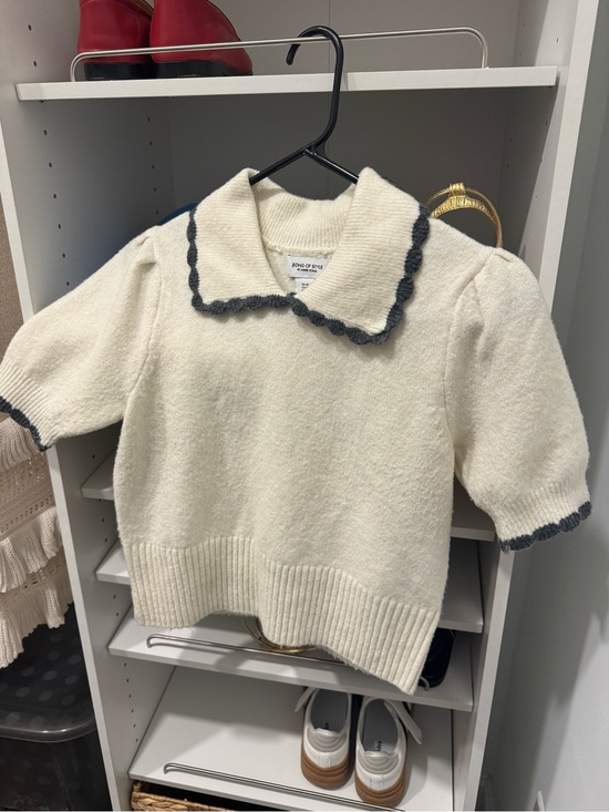 Song of Style Tops - Song of Style Cream Knit Peter Pan Collar Sweater with Gray Trim